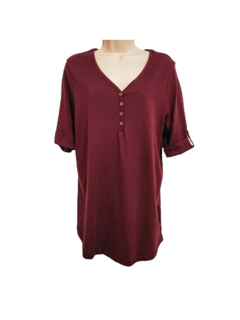 Karen Scott Burgundy Knit Button Front Top Small